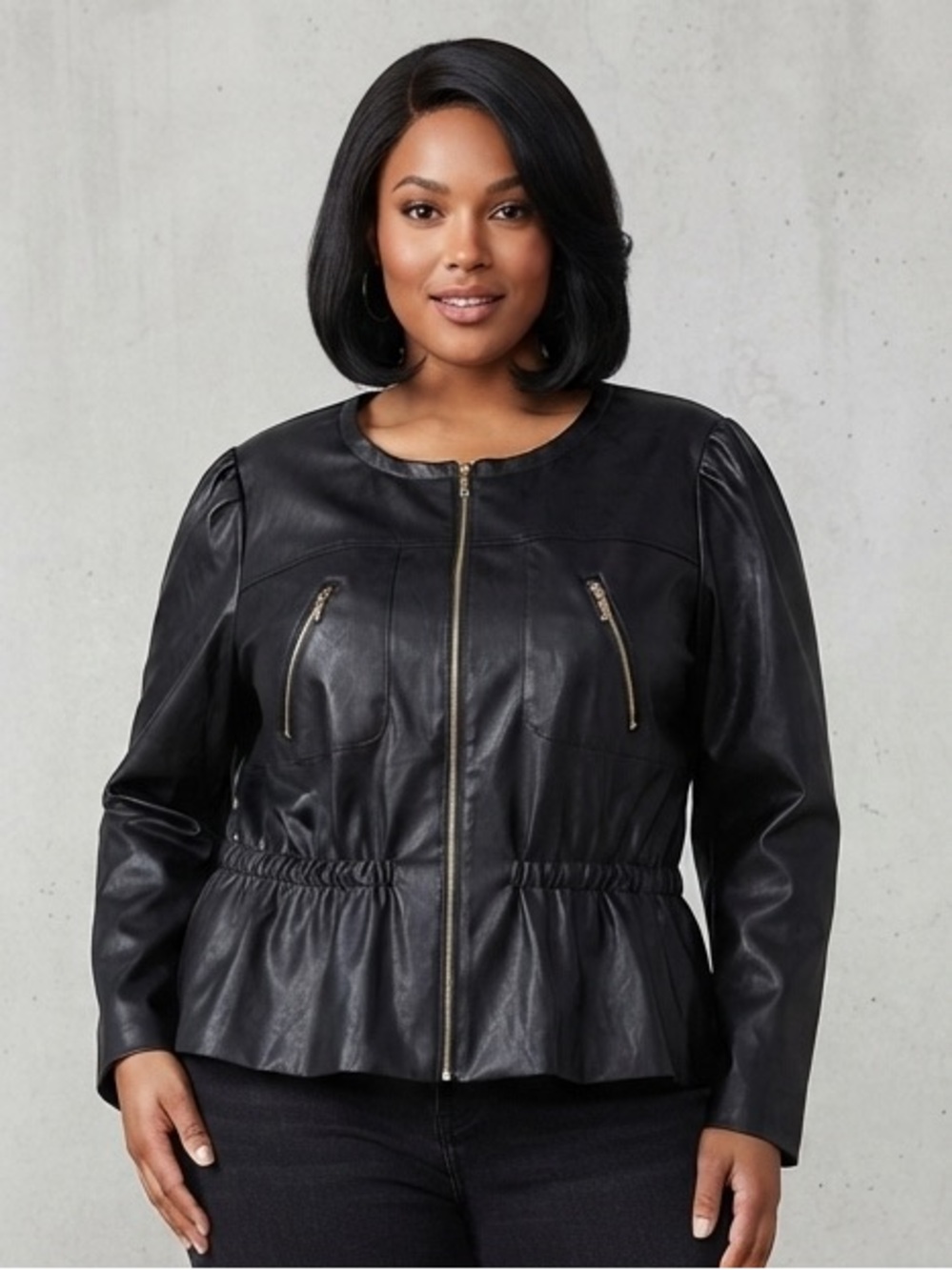 ASHLEY STEWART Faux Leather Zip-Front Jacket 26 27” p2p Black NWOT
